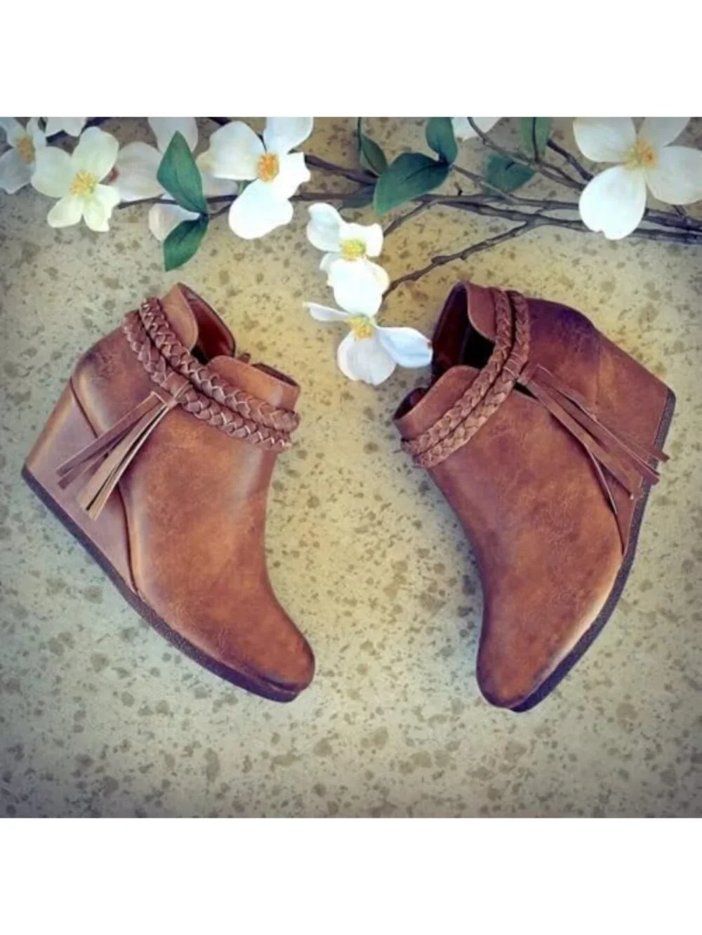 Stylish Women's Wedge Ankle Boots with Braided Fringe, Western Heeled Fall